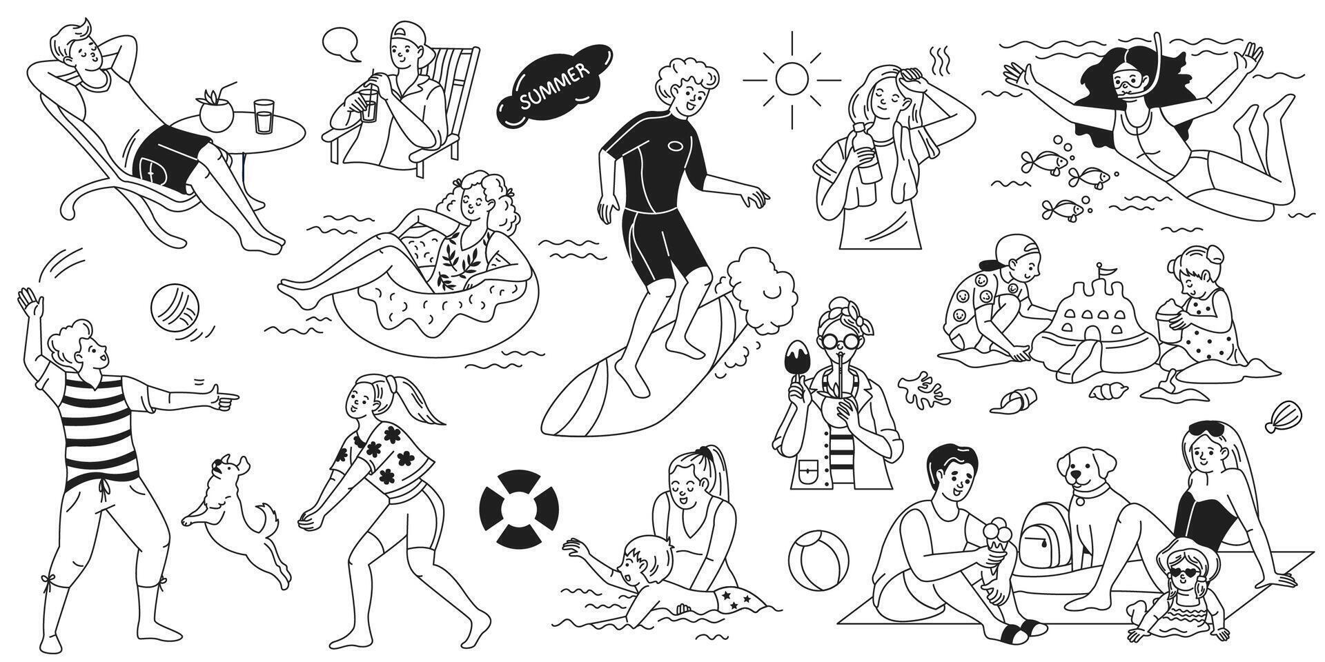 Minimalistic black and white doodle illustration of summer vacation at the beach, featuring people surfing, relaxing, and playing in a playful and cheerful style. vector