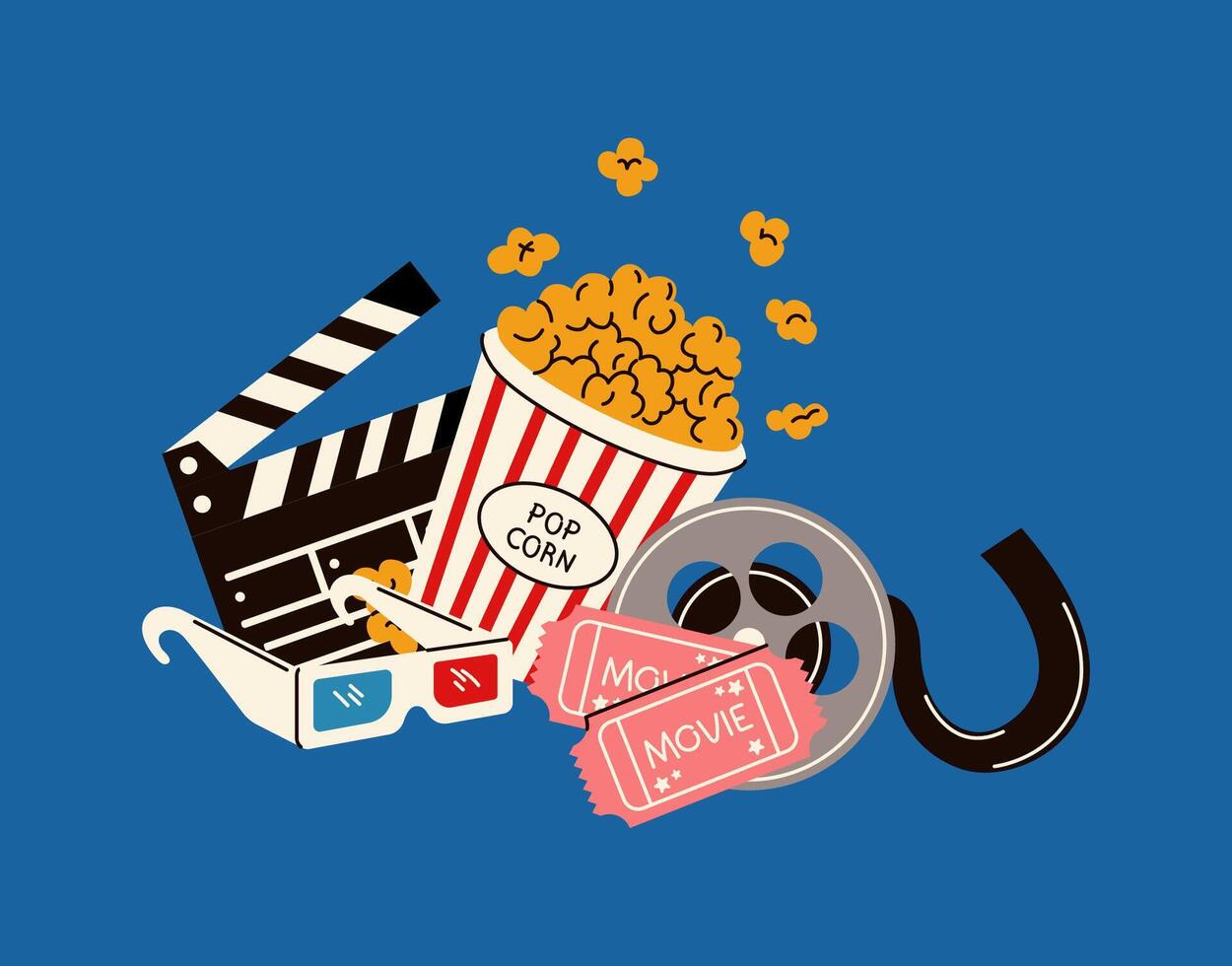 Illustration of a vintage film reel with movie tickets and popcorn, symbolizing the essence of classic cinema experiences, drawn in a stylish style. vector