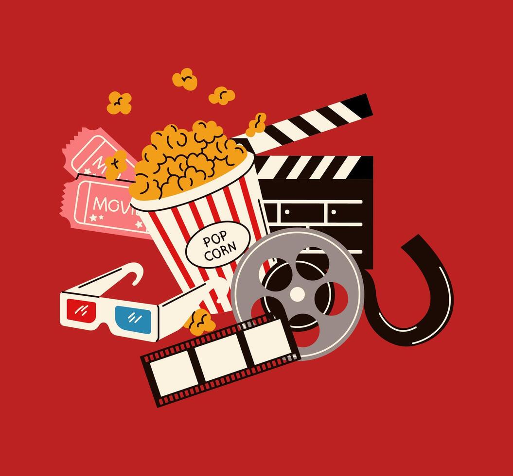 Illustration featuring a cinema marquee sign, theater masks, popcorn, and 3D glasses, symbolizing movie culture, drawn in a vibrant style. vector