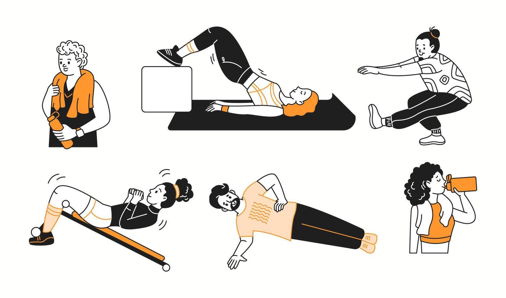 Sportspeople perform different exercises color linear icons collection. Women and men promote active lifestyle doodle characters on white vector