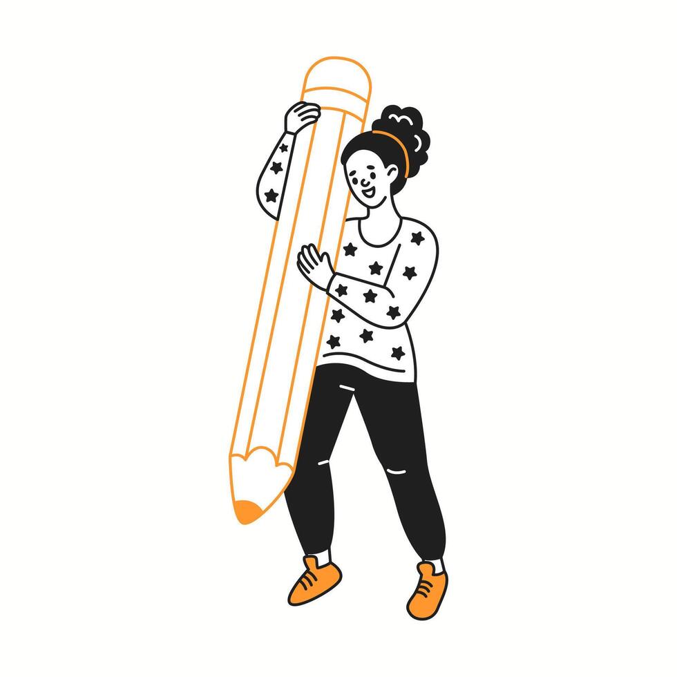 Woman stands with oversized pencil in hands color linear icon. Brunette female shows passion for creative work characters doodle illustration vector