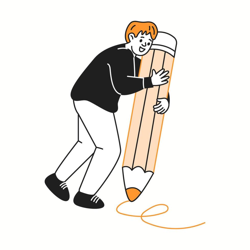 Designer sketches intricate pattern using giant pencil color linear icon. Man smiles joyfully working on new project characters doodle illustration vector