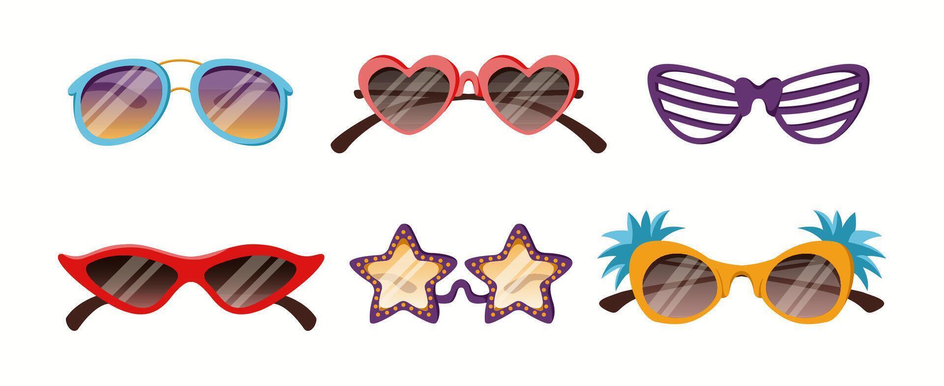 Collection of trendy sunglasses in different shapes, colors, and styles. A diverse set of eyewear featuring classic, modern, and novelty designs. vector