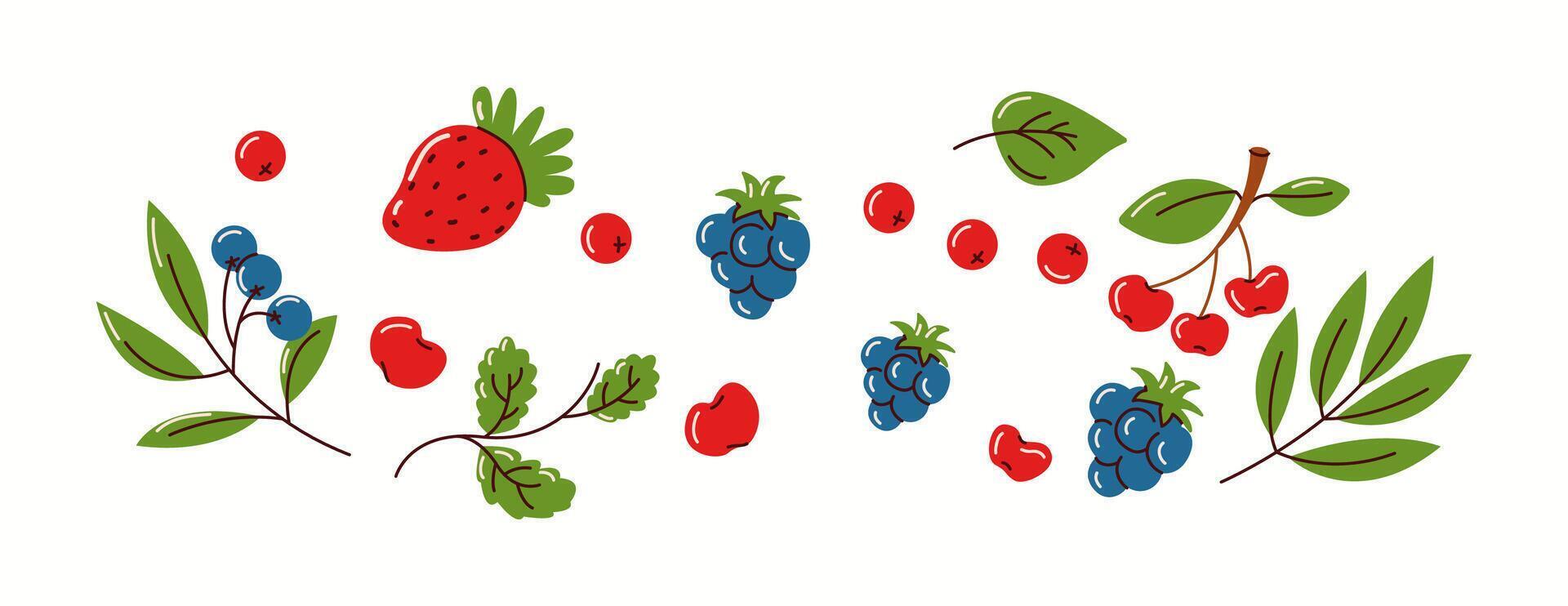 Illustration of various berries including strawberries, blueberries, cherries, and leaves in a flat design. A fresh and natural composition. vector
