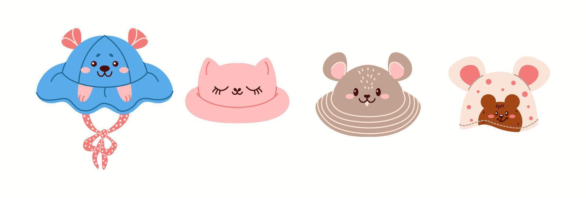 Illustration featuring four whimsical bucket hats with fantasy designs, including a monster, tiger, turtle, and cherry patterns. vector