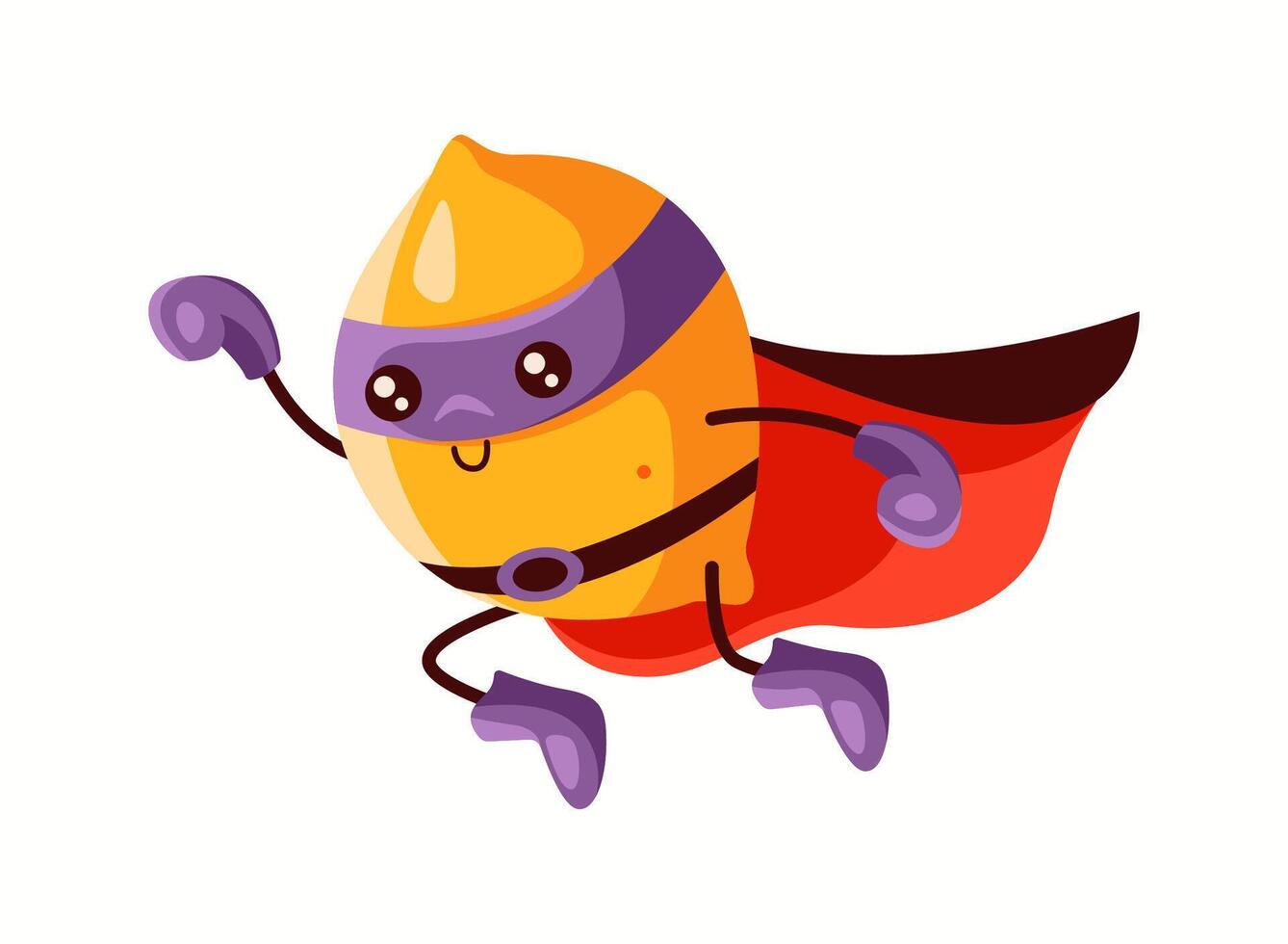Bright yellow lemon superhero with a purple mask and red cape. Dynamic and fun character, representing energy, freshness, and strength. Great for children's content and healthy lifestyle concepts. vector