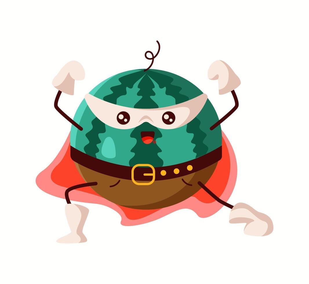 Funny watermelon superhero showing muscles, wearing a mask, belt, and red cape. A bold and playful character representing health, strength, and fitness in a fun way. vector