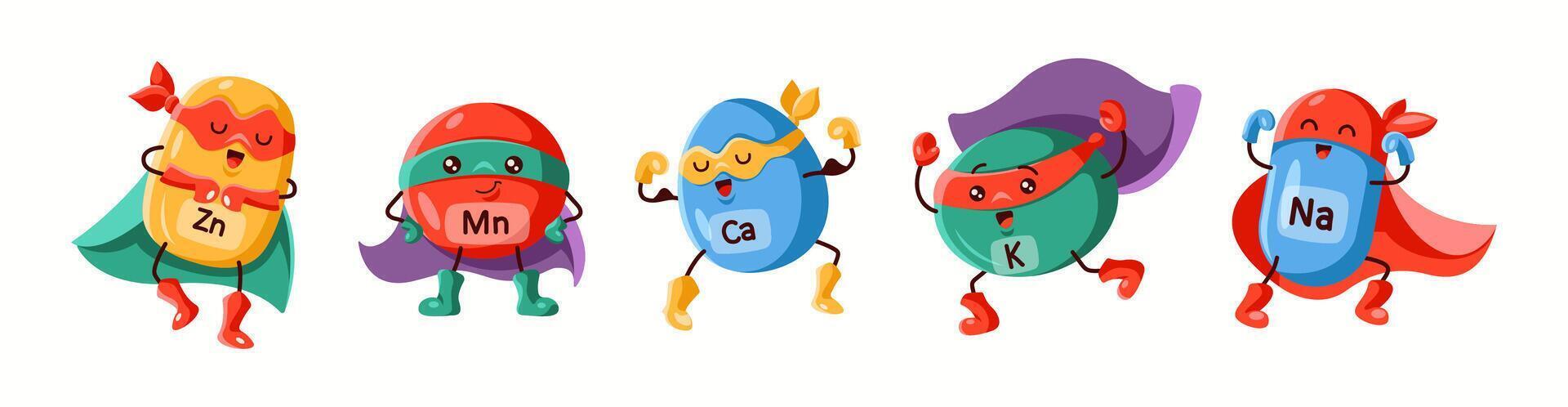 Illustration featuring superhero-themed characters representing minerals such as zinc, manganese, calcium, potassium, and sodium, highlighting their benefits. vector