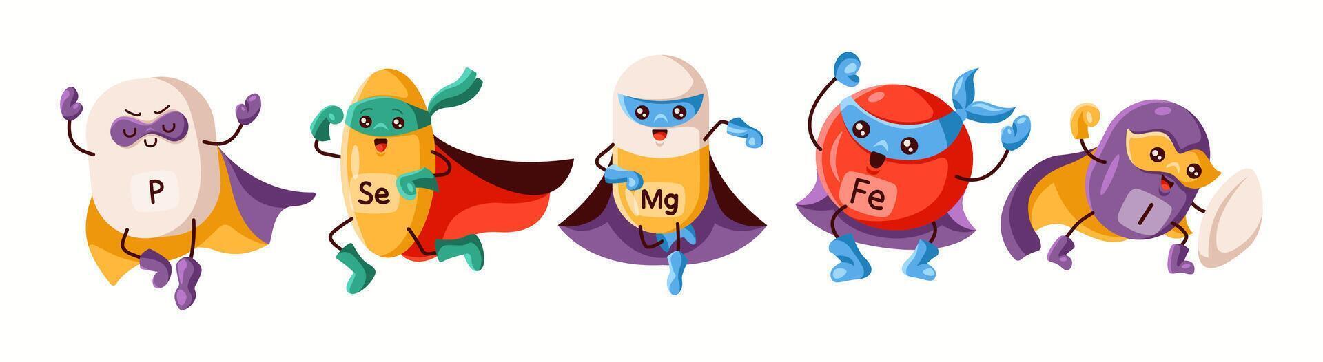 Illustration of a group of key trace elements, including phosphorus, selenium, magnesium, iron, and iodine, dressed as superheroes for health representation. vector