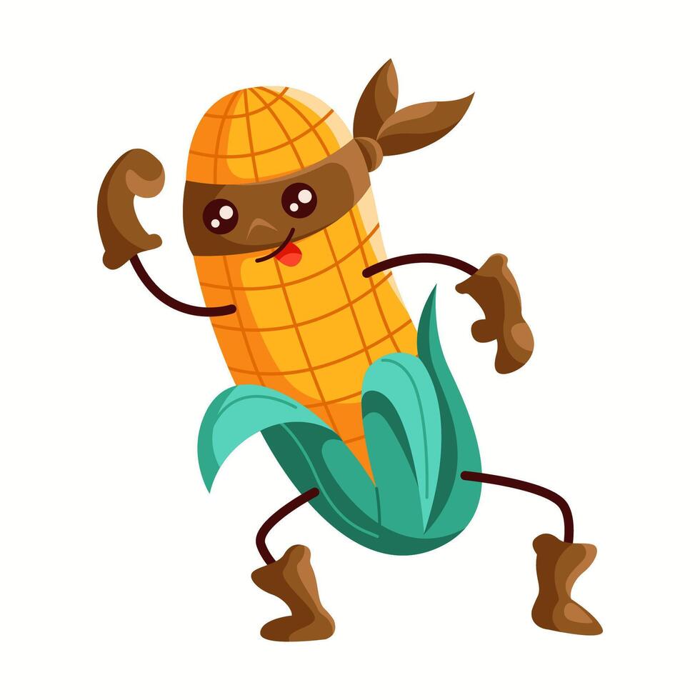 Powerful corn superhero in a brown mask and boots, flexing muscles confidently. A fun and bold vegetable character representing energy, strength, and adventure. vector