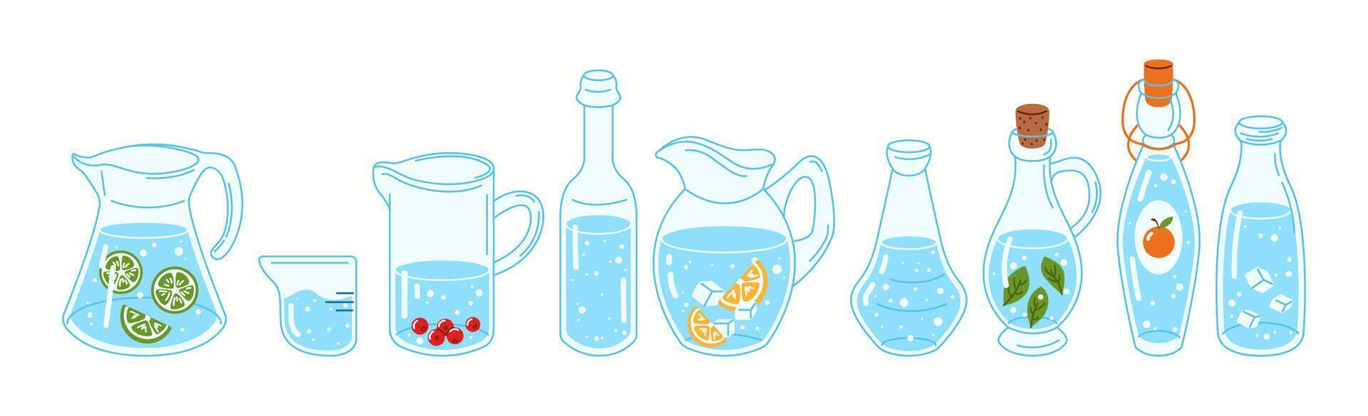Illustration of multiple water jugs, bottles, and pitchers, representing a variety of storage options for clean drinking water. vector
