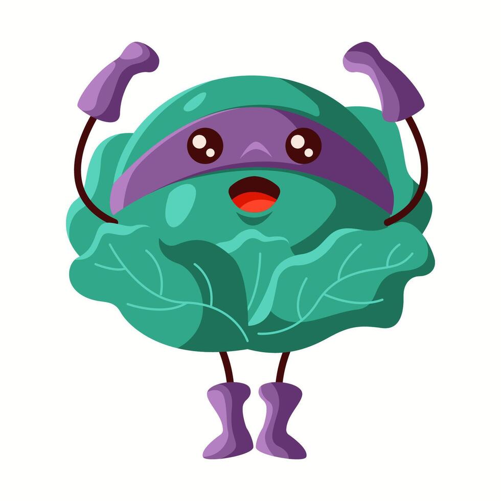 Happy cabbage superhero with a purple mask and boots, raising fists in victory. A cheerful and vibrant vegetable character promoting health, fun, and positivity. vector