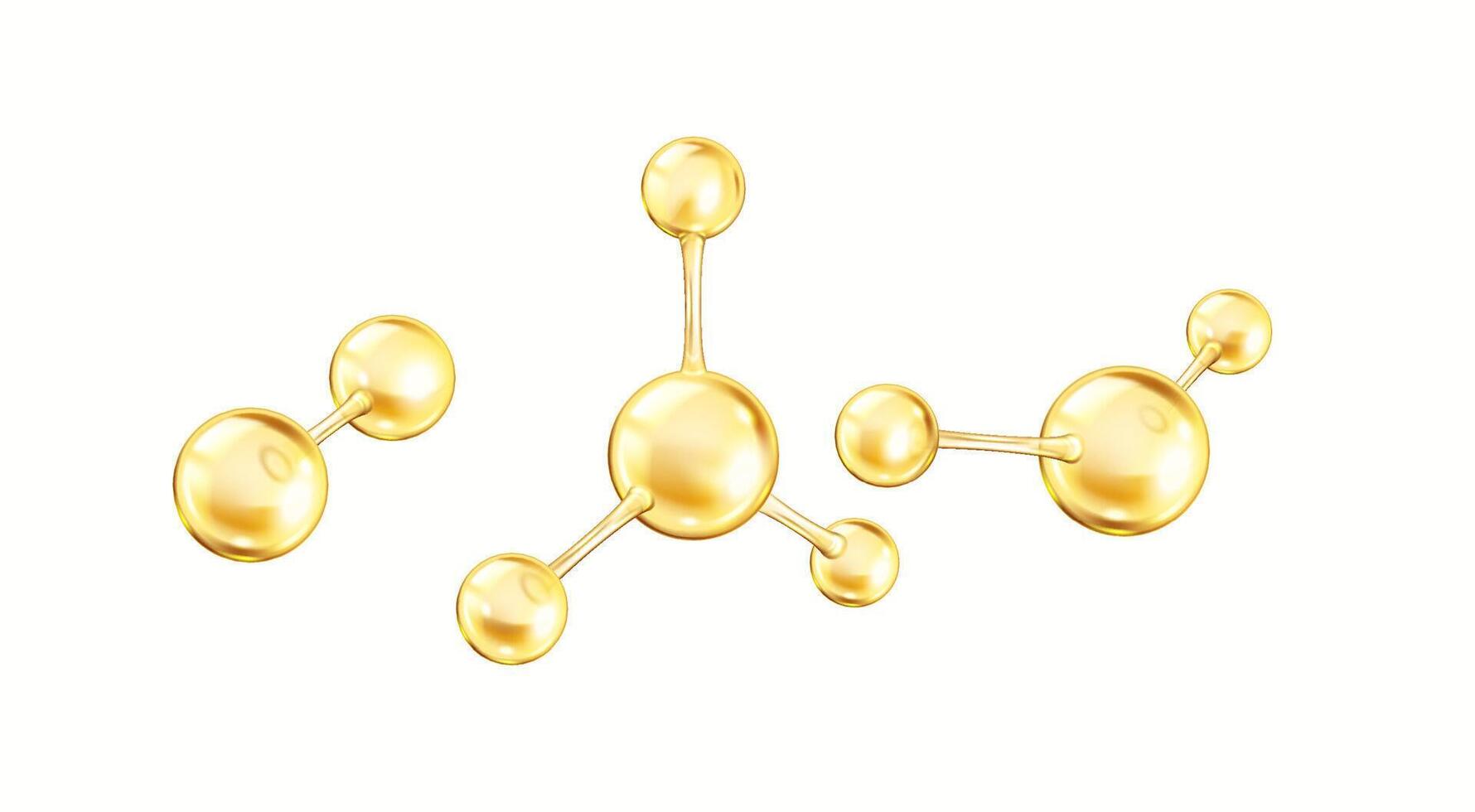 Golden collagen molecules realistic color icons set. Building blocks of healthy skin and connective tissues 3d objects bundle on white vector