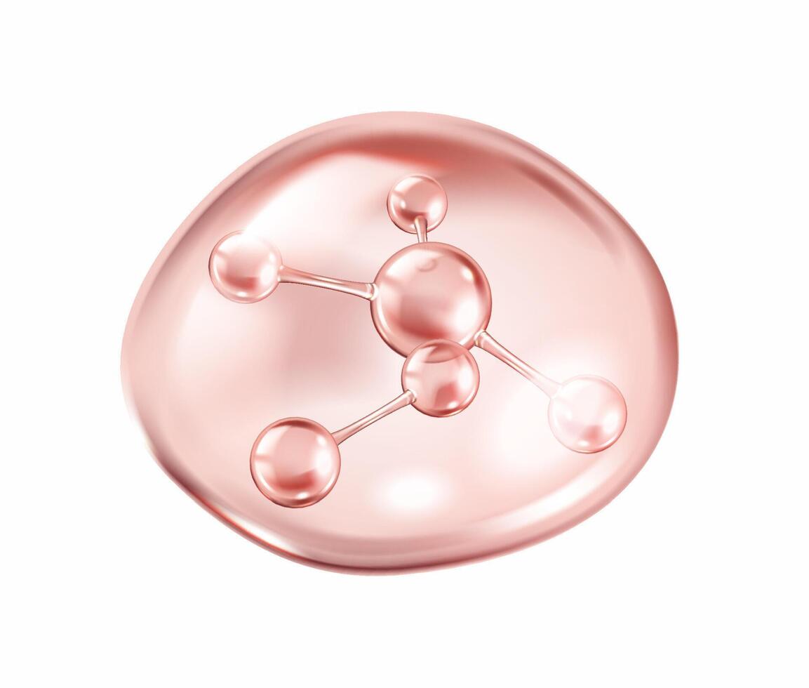 Floating pink collagen molecule structure within drop realistic illustration. Innovation of cosmetic products 3d object on white vector