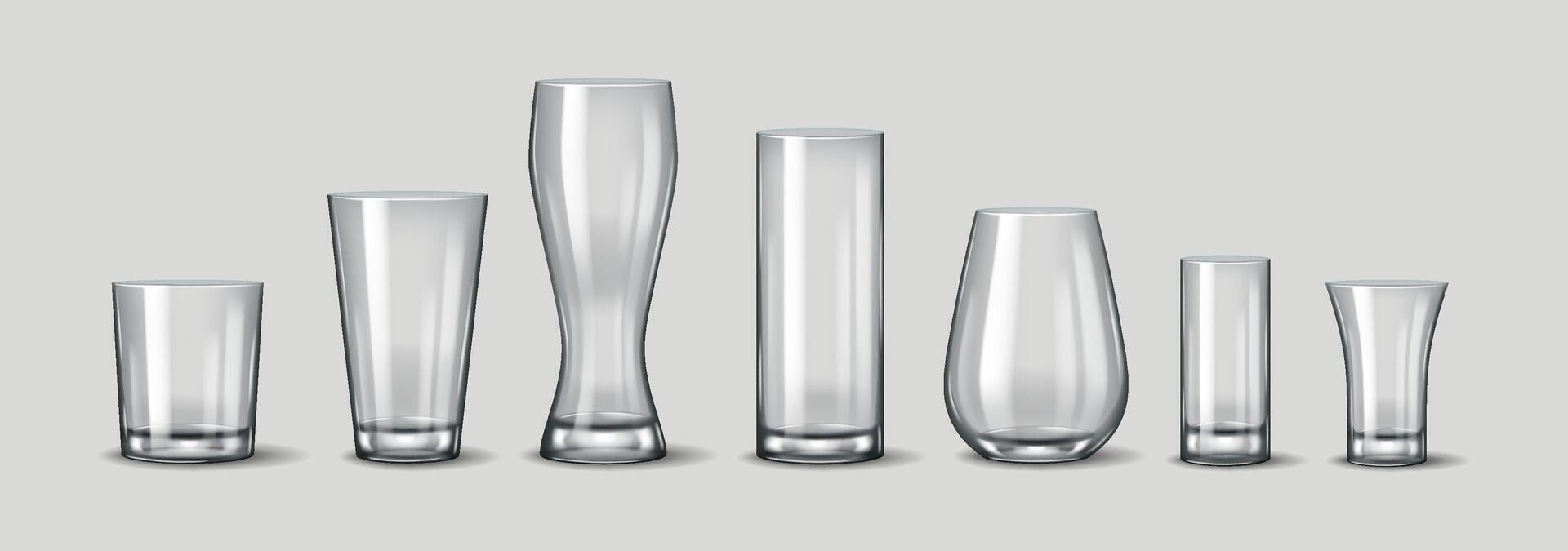 Realistic 3D illustration featuring a variety of tall and short glasses in different shapes, suitable for various drinks, including cocktails, water, and soft beverages. vector