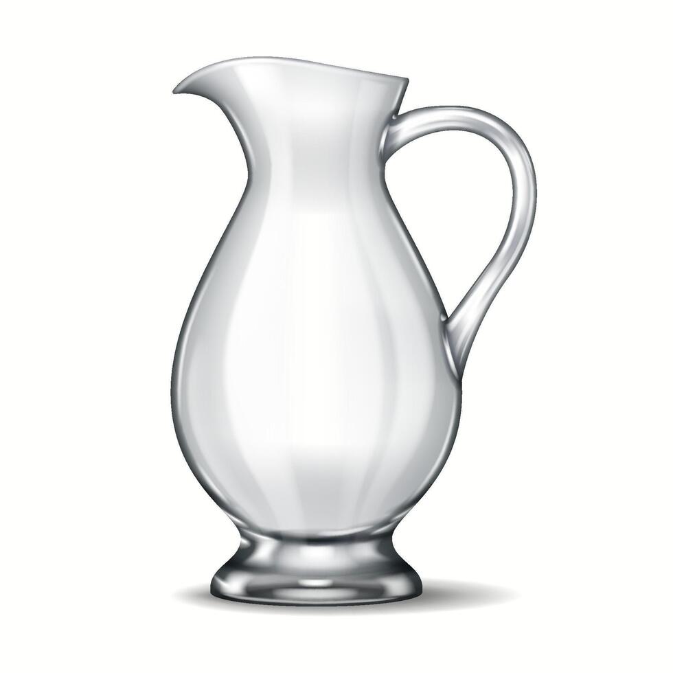 A realistic 3D glass pitcher with an angular body and sleek design, perfect for contemporary kitchenware visuals. Its sharp edges contrast with its delicate transparency and reflections. vector
