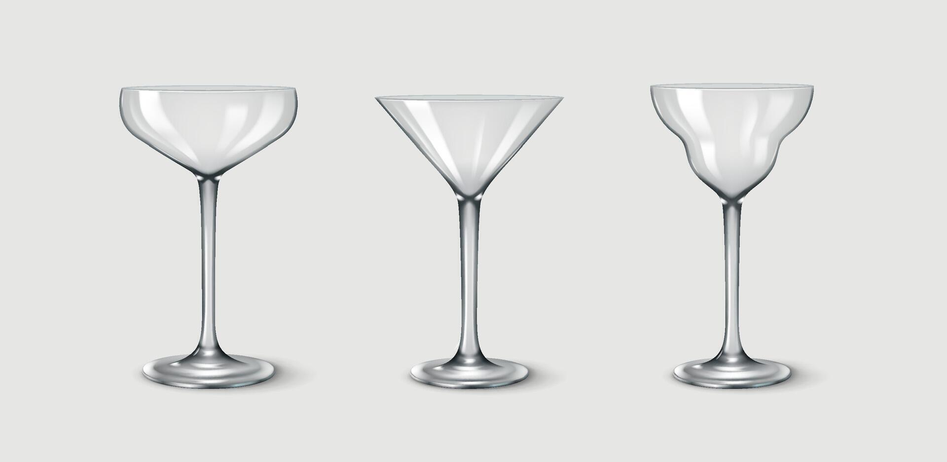 Realistic 3D illustration of a collection of cocktail glasses featuring diverse shapes. Perfect for serving martinis, margaritas, and mixed drinks. vector