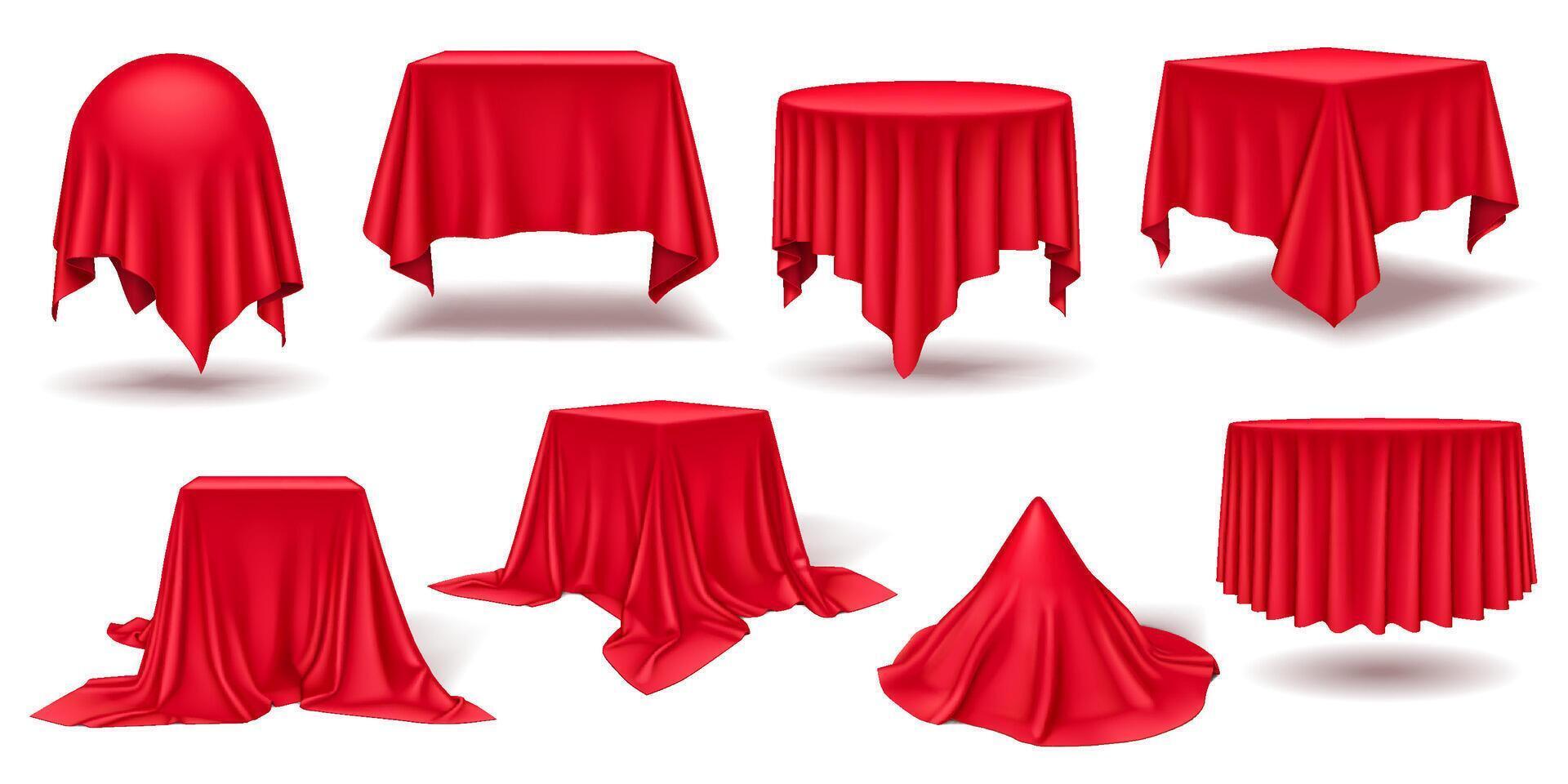 Red silk and satin cloths covering items realistic color icons set. Mystery and anticipation for grand event opening 3d objects bundle on white vector