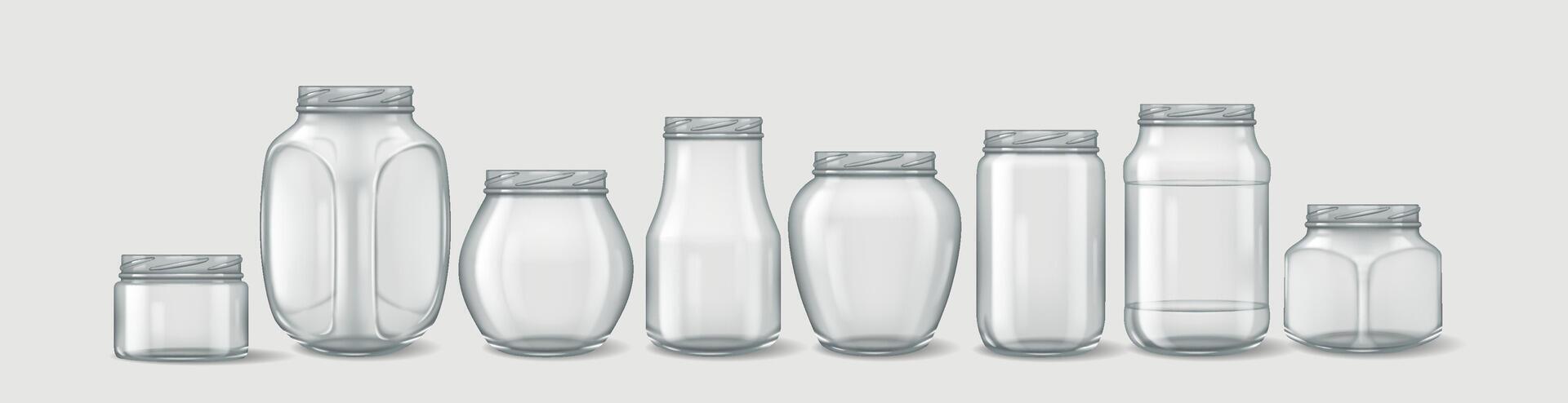 3D realistic illustration of a set of glass jars without lids, ideal for product mockups, storage, and packaging design. vector