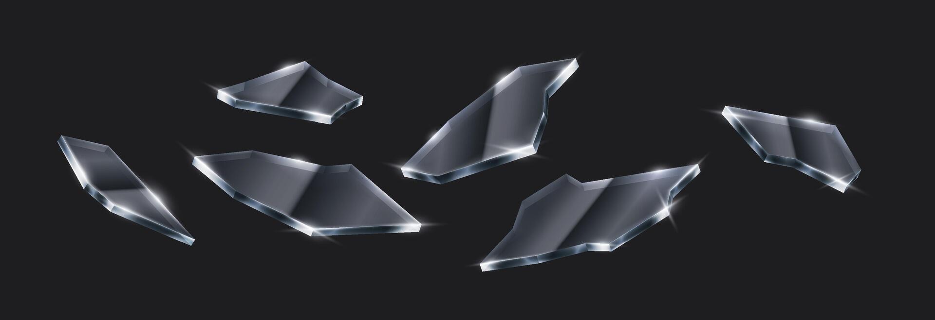 Realistic 3D illustration of scattered broken glass pieces with bright highlights. Suitable for artistic compositions, dramatic destruction, and impact effects. vector