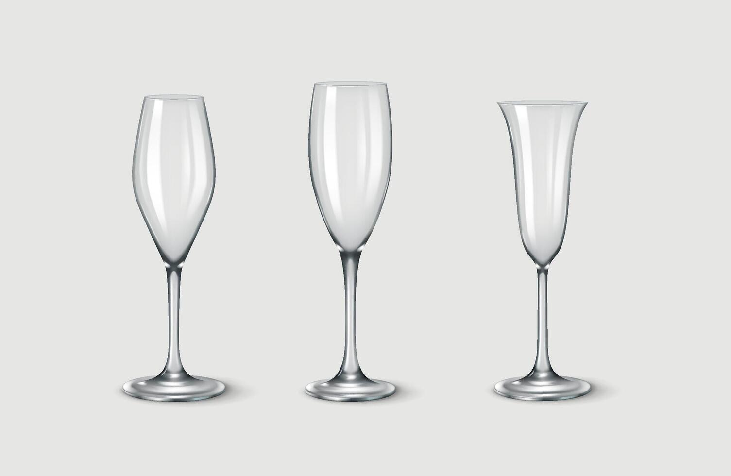 3D realistic illustration of a set of champagne glasses with unique modern shapes. Suitable for premium bars, special occasions, and high-end celebrations. vector