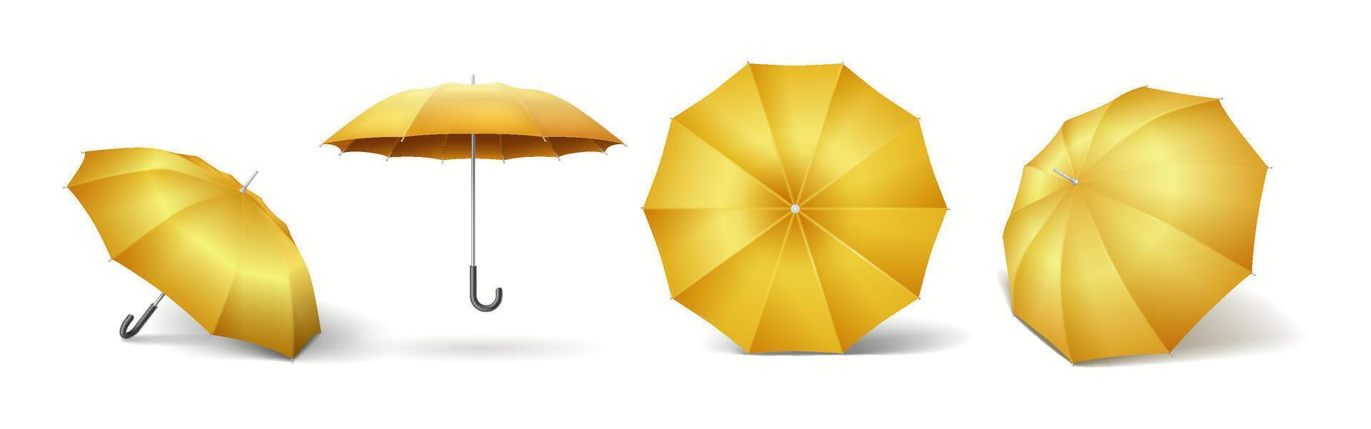 Yellow parasols in various positions realistic color icons set. Mockup umbrellas for rainy weather and insurance 3d objects bundle on white vector