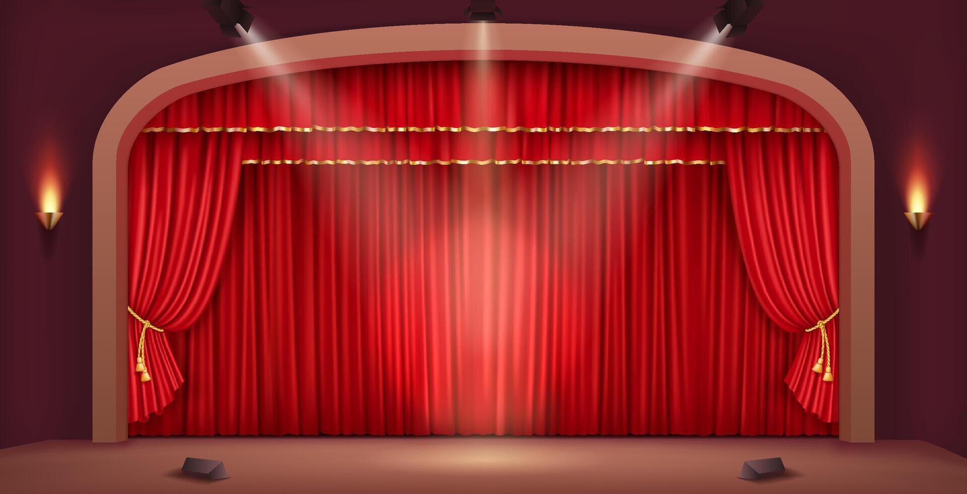 A stunning 3D illustration of a traditional theater stage with an arch frame, decorated with a red velvet curtain and illuminated by soft lighting. vector