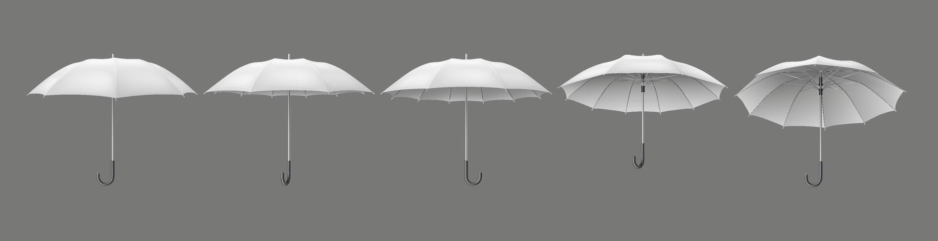 Open white umbrella-canes with handles realistic color icons set. Protection from weather and life issues 3d objects bundle on grey background vector