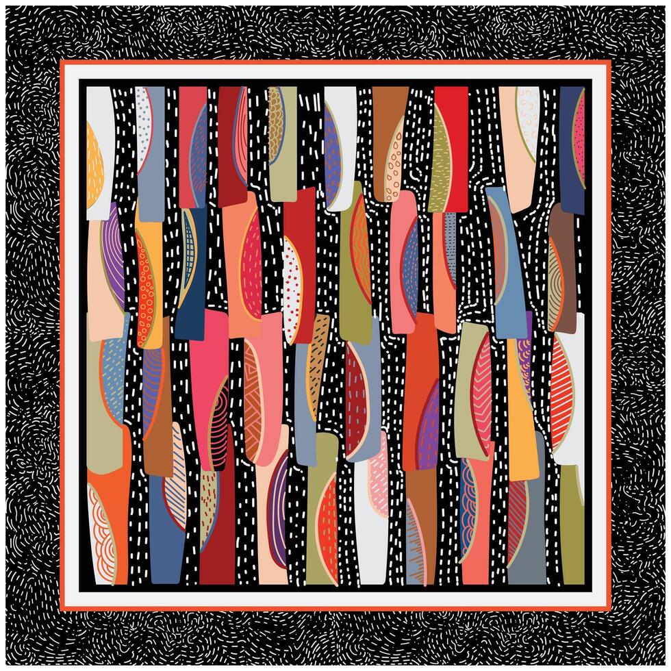 Abstract colorful pattern with various shapes and textures, bordered by a black and white frame. vector