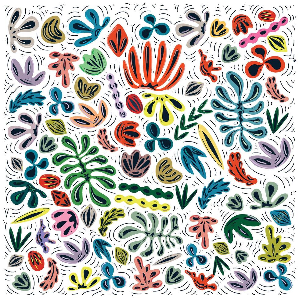 Colorful, abstract doodle of various hand-drawn floral and leaf patterns on white background. vector