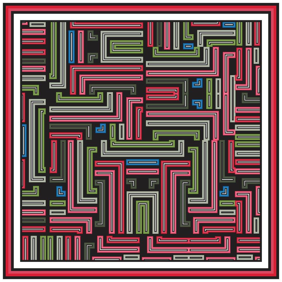 A colorful geometric pattern featuring interlocking lines in various widths and shades including pink, green, and black. vector