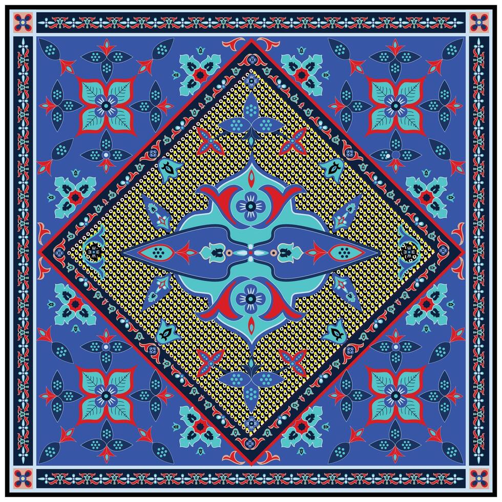 Intricately patterned, colorful symmetrical mandala with floral and geometric designs on a blue background. vector
