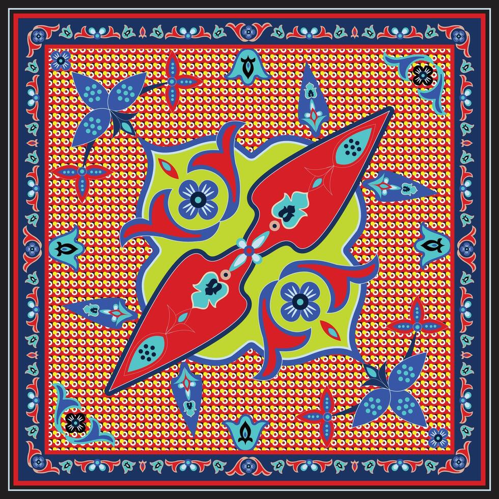 Colorful pattern with floral and butterfly designs on a red dotted background, enclosed by a decorative border. vector