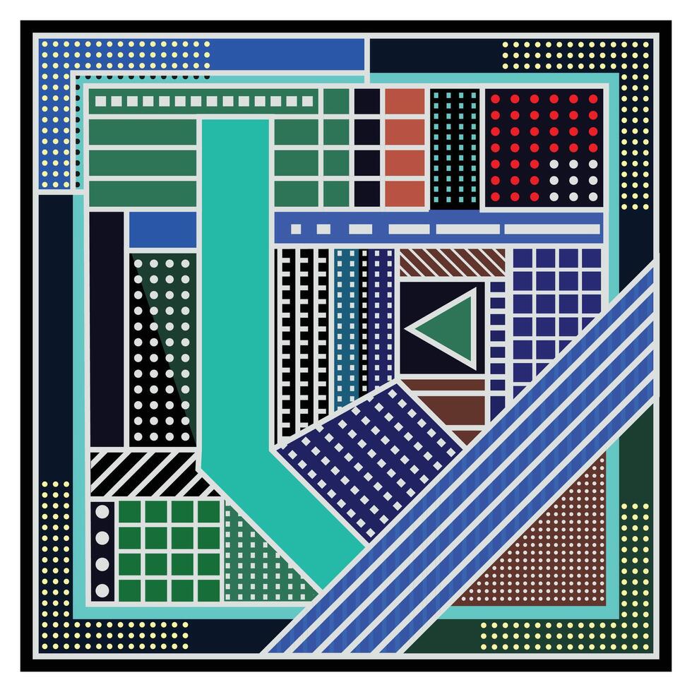 Abstract geometric artwork with vivid colors and patterned shapes, An abstract square design showcasing a colorful pattern of blue, green, and red hues. vector