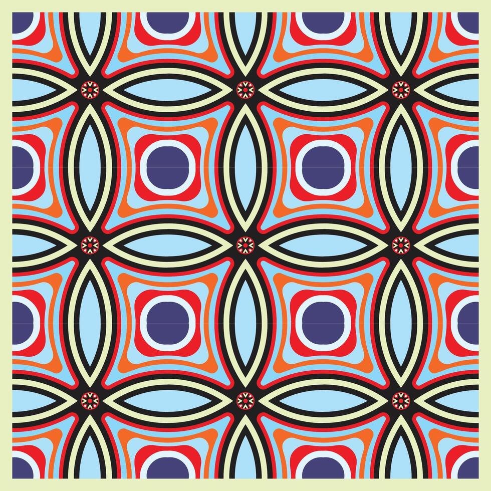 Colorful geometric pattern featuring red, blue, and black shapes arranged in a symmetrical design on a light green background. vector