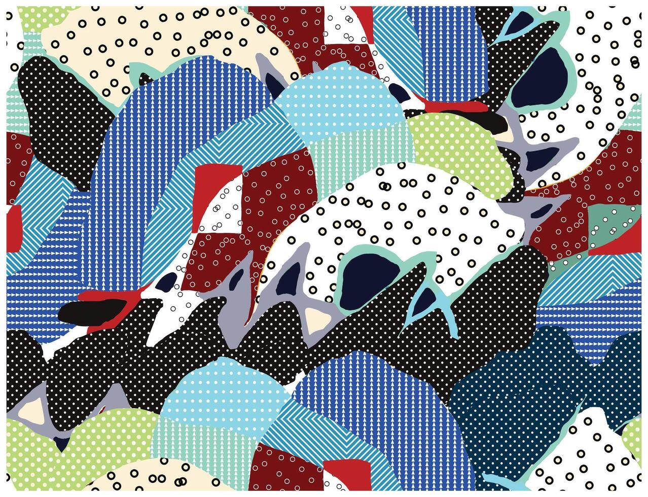 Abstract print pattern with various shapes in multiple colors blue, red, yellow dot and line texture, such as polka dots and stripes. vector