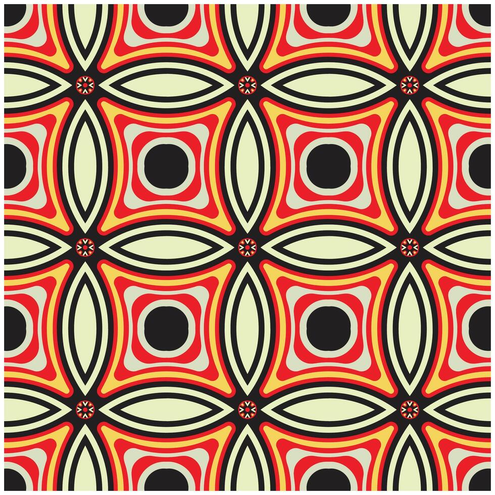 Seamless abstract square geometric print pattern with red, yellow, and black shapes on a beige background. vector