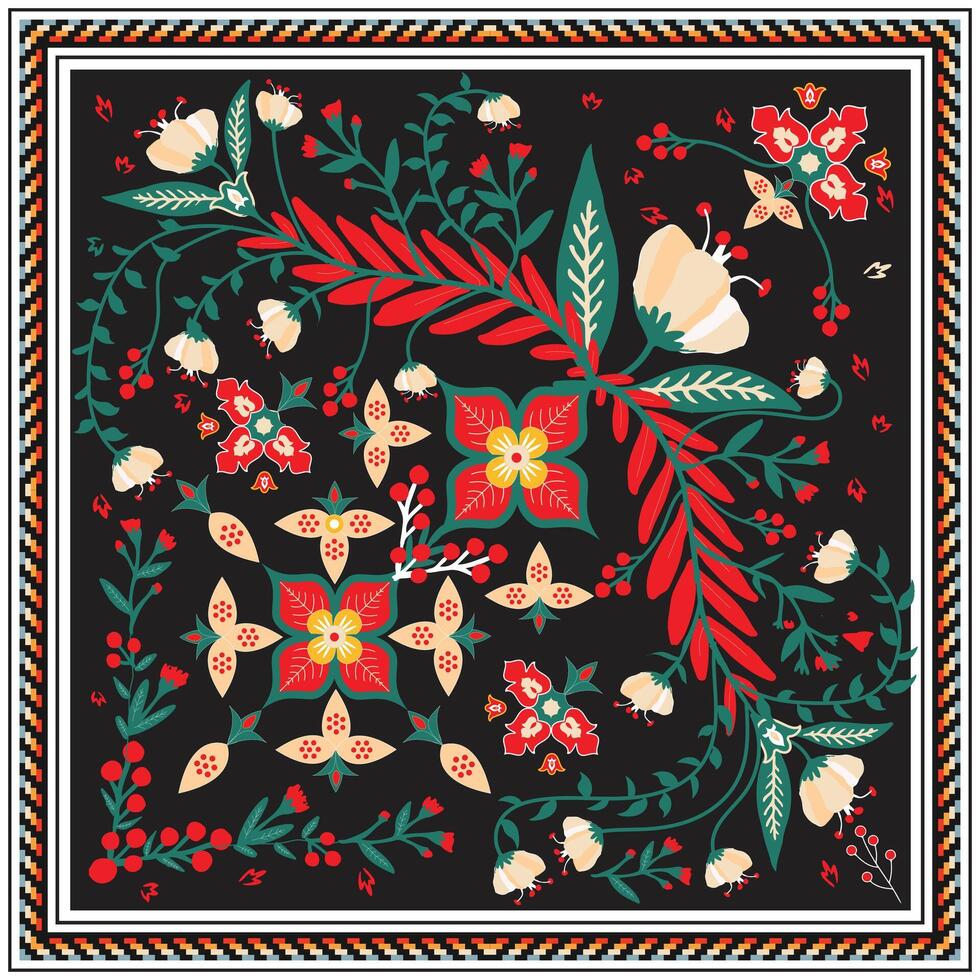 Vibrant floral pattern with red and yellow flowers on a black background, framed by a geometric border, A beautifully designed square scarf adorned with colorful floral patterns, vector