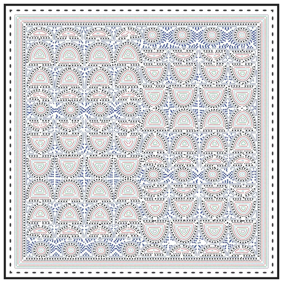Colorful geometric square print pattern with repeated shapes, including semicircles and dots, bordered by a checker frame. vector