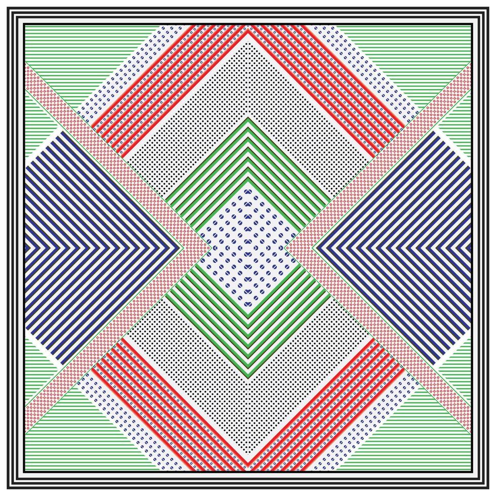 Geometric design featuring colorful diagonal stripes and polka dots in a diamond pattern, framed by bold black lines. vector