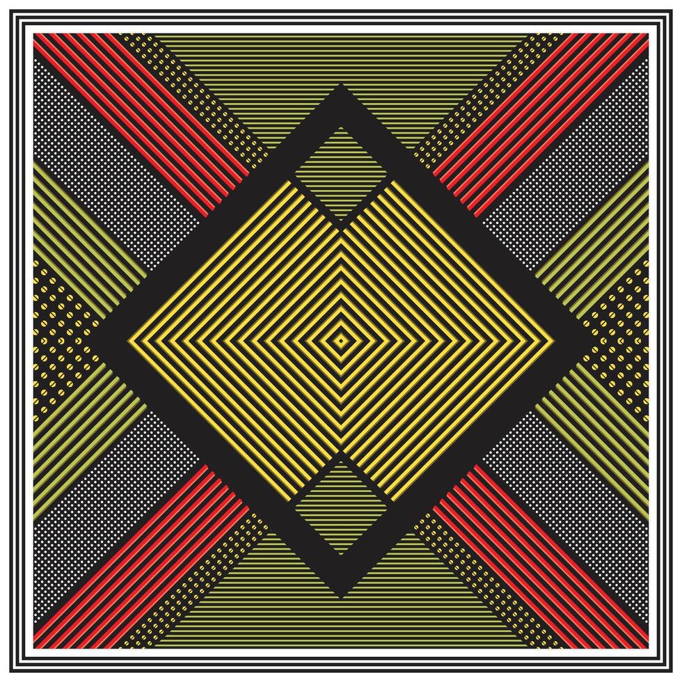 Abstract geometric pattern with red, yellow, and white elements on a black background, A square pattern featuring bold red, yellow, and black stripes arranged in a striking design. vector