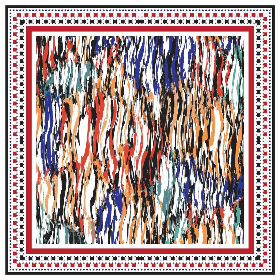 Abstract wavy pattern in vibrant colors framed by a patterned border, featuring red, black, and white alternating designs. vector