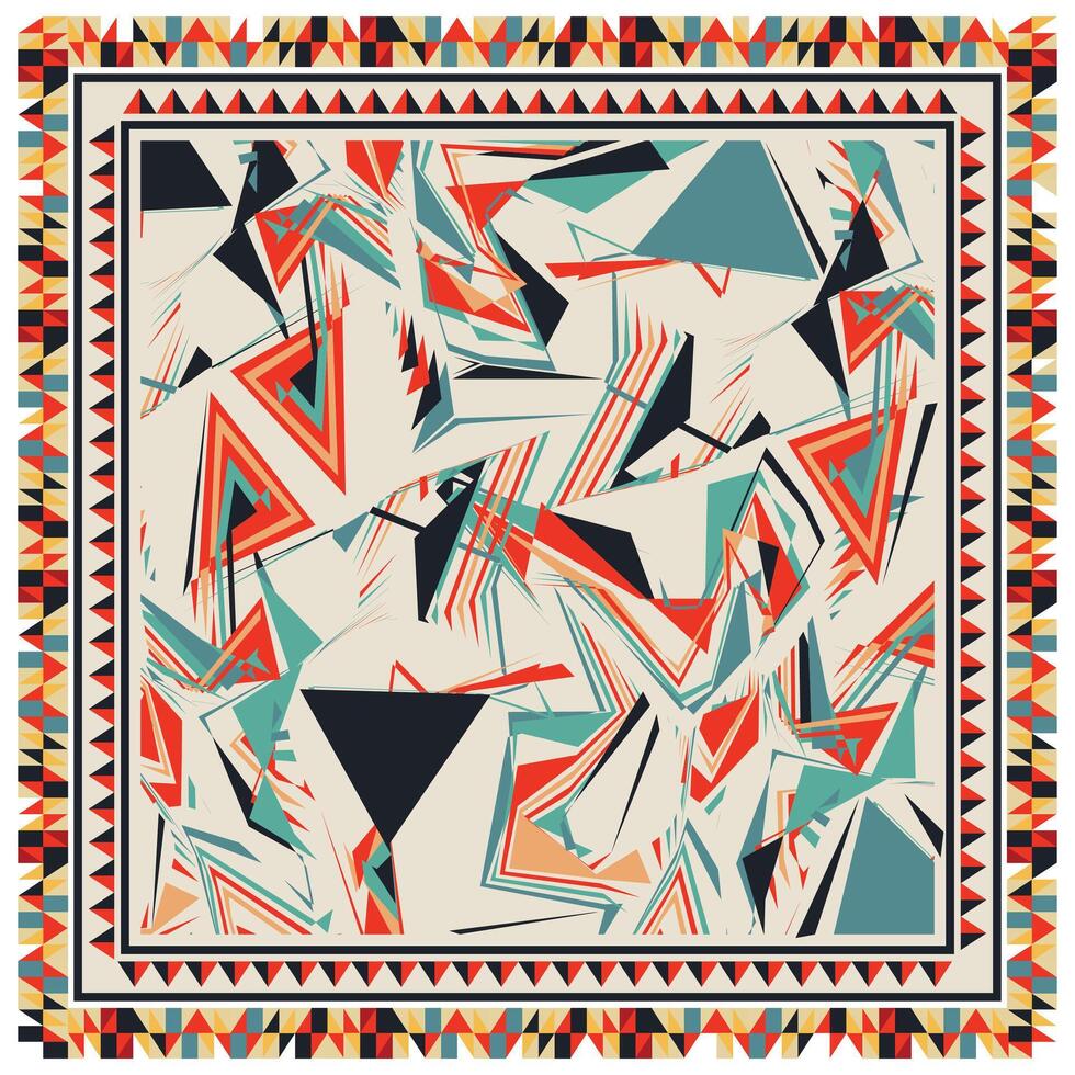 Abstract intertwined circle pattern with red, green, and blue striped, bordered by concentric frames, A pattern enclosed within a square frame, showcasing a harmonious blend of hues and designs. vector