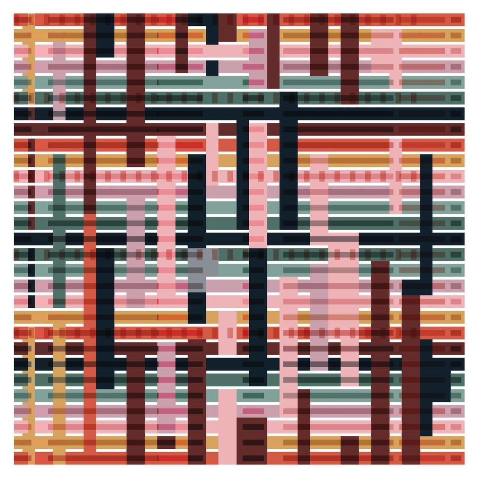 Abstract square geometric print pattern featuring a mix of horizontal and vertical colorful stripes in shades of pink, red, blue, and black. vector