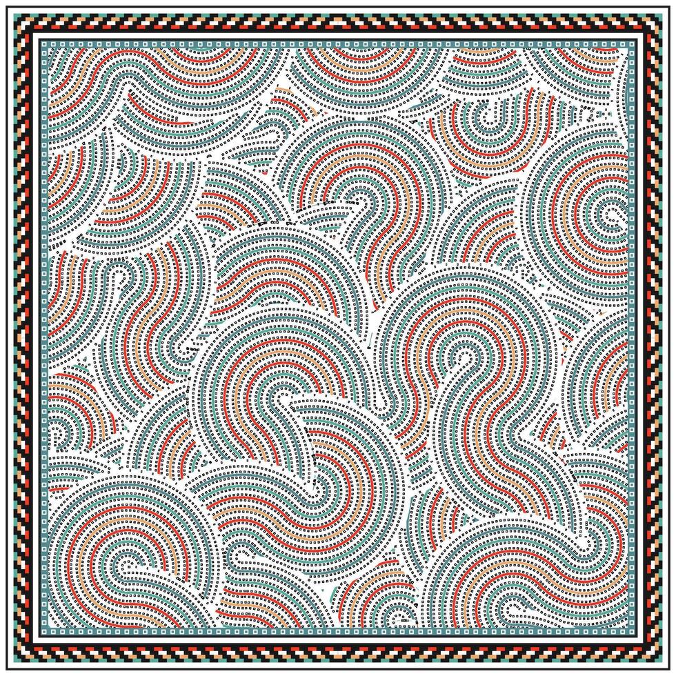 A vibrant pattern of swirling lines in red and teal, bordered by a colorful geometric frame, creating a dynamic visual rhythm. vector