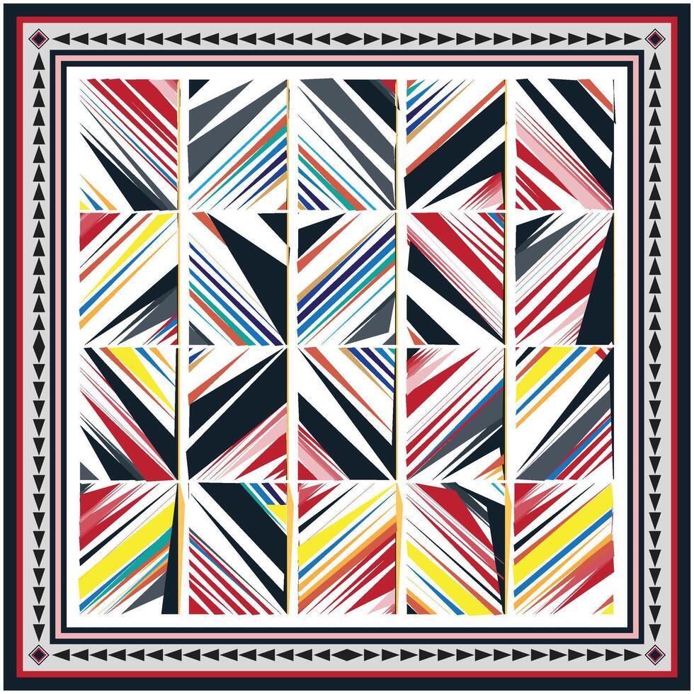 A square pattern featuring alternating red, yellow, blue, and black stripes arranged in a grid formation. vector