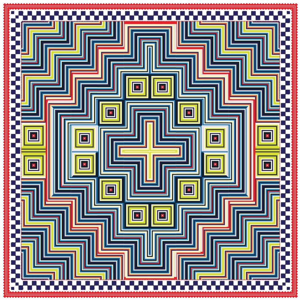 Colorful geometric scarf print pattern with a central cross and square motifs, bordered by a maze-like labyrinth design. vector