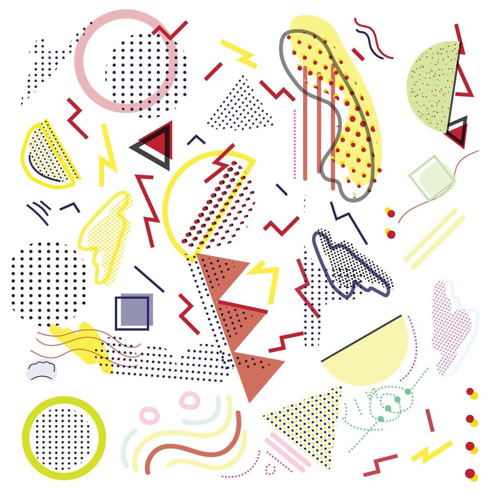 Colorful abstract Memphis design pattern with geometric shapes and dotted texture, a lively abstract image filled with geometric shapes, displaying a spectrum of colors in an engaging pattern. vector