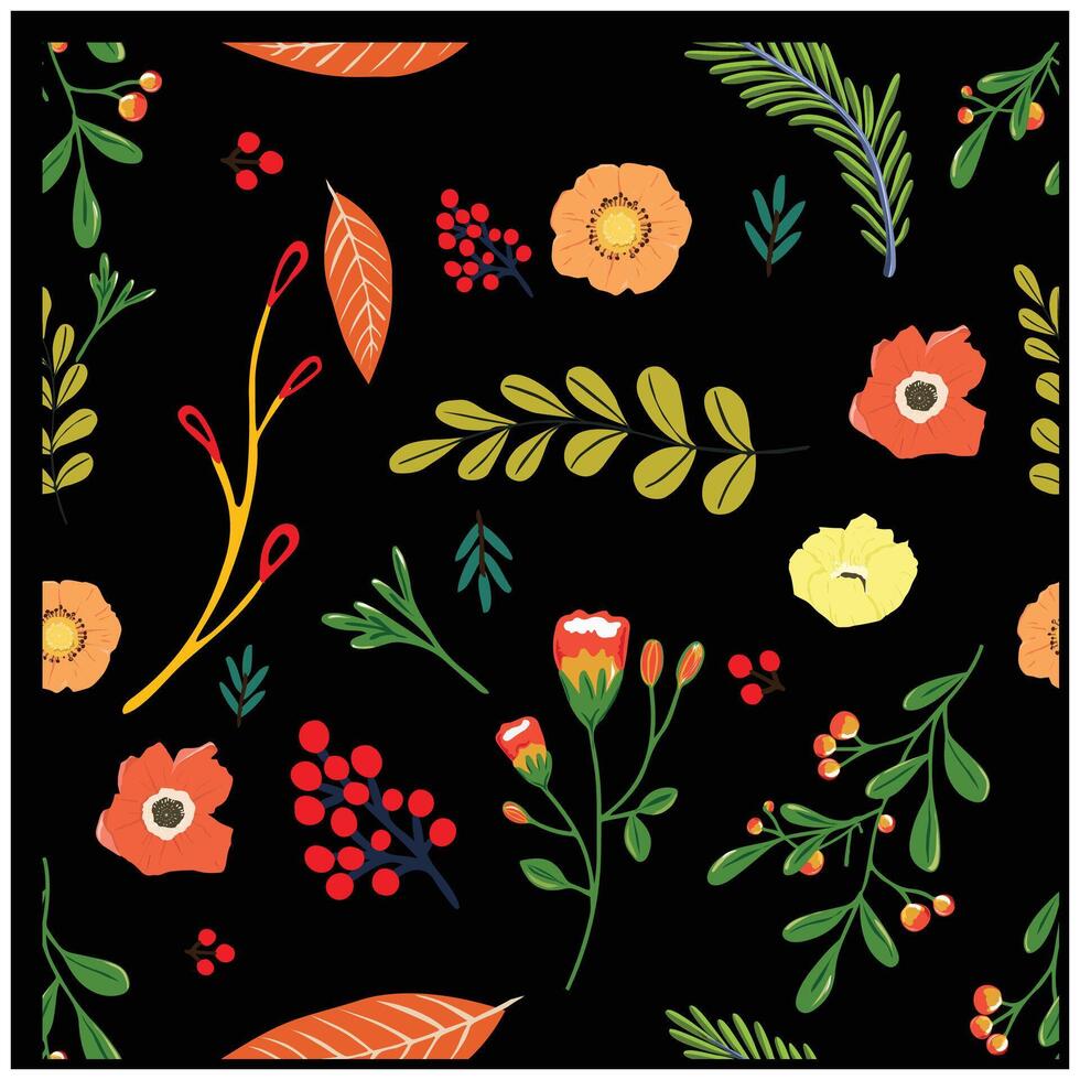 A vibrant floral pattern on a black background, featuring colorful flowers, leaves, and berries in various designs. vector