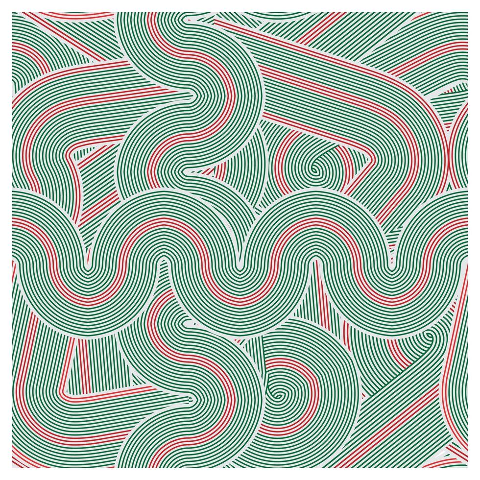 Abstract artistic square print pattern with intertwining lines in green and red with a white background, forming an intricate and visually appealing arrangement. vector